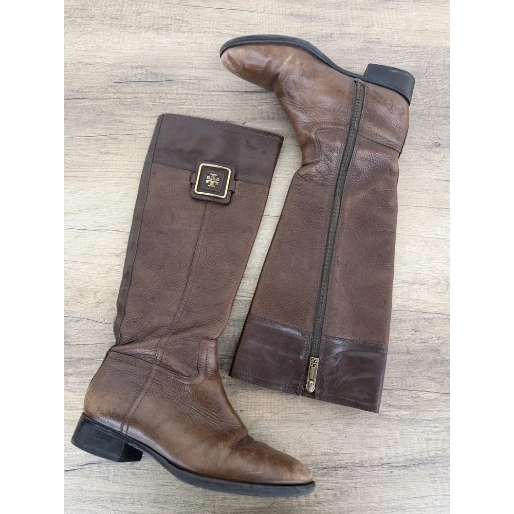 Tory Burch Brown Leather Riding Boots Gold Logo Knee High 8M F 12 55 31128374